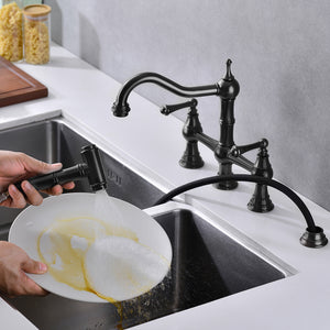 Bridge Dual Handles Kitchen Faucet With Pull-Out Side Spray