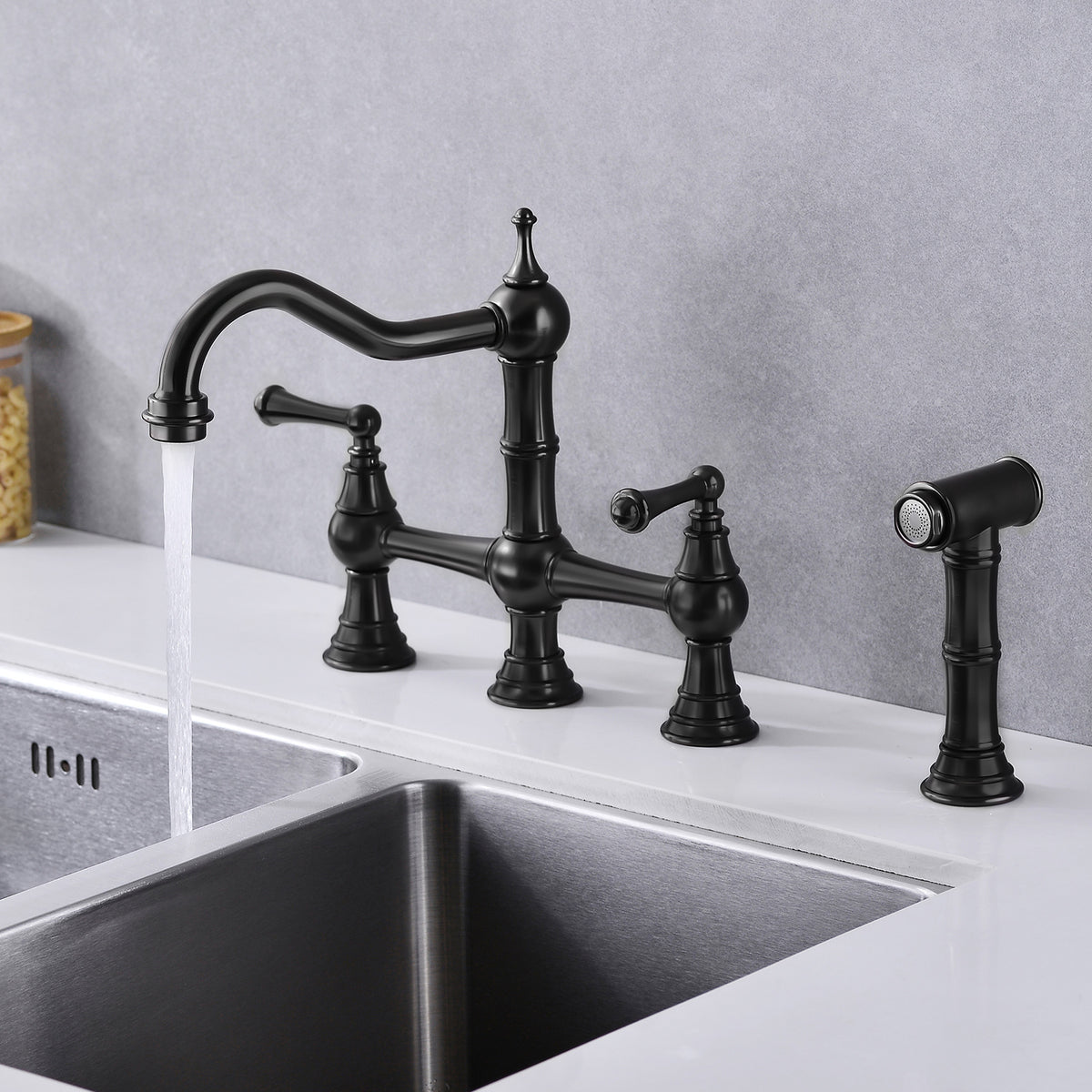 Bridge Dual Handles Kitchen Faucet With Pull-Out Side Spray