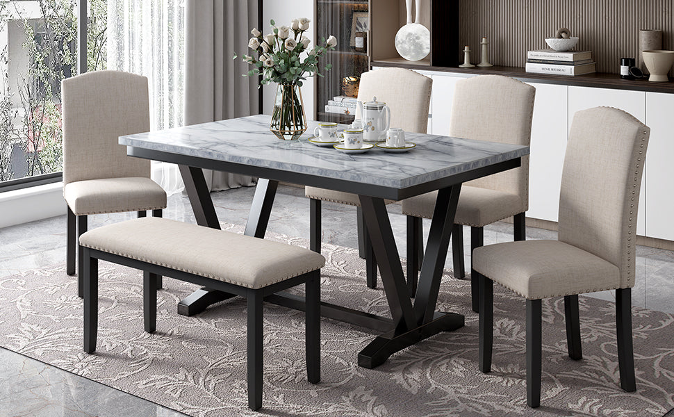 TREXM Modern Style 6-Piece Dining Table with 4 Chairs & 1 Bench