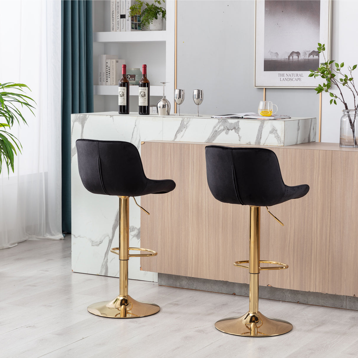 Chrome Footrest and Base Swivel Height Adjustable Mechanical Lifting Velvet Bar Stool, Set of 2