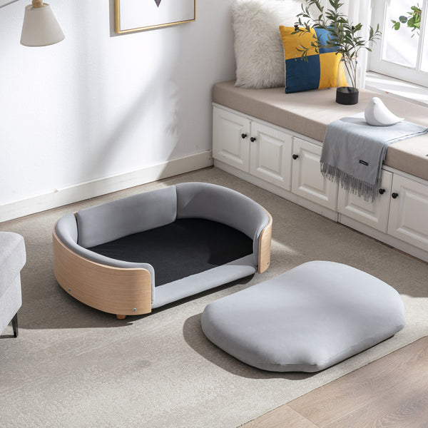 Scandinavian Style Elevated Dog Bed with Solid Wood Legs and Velvet Cushion