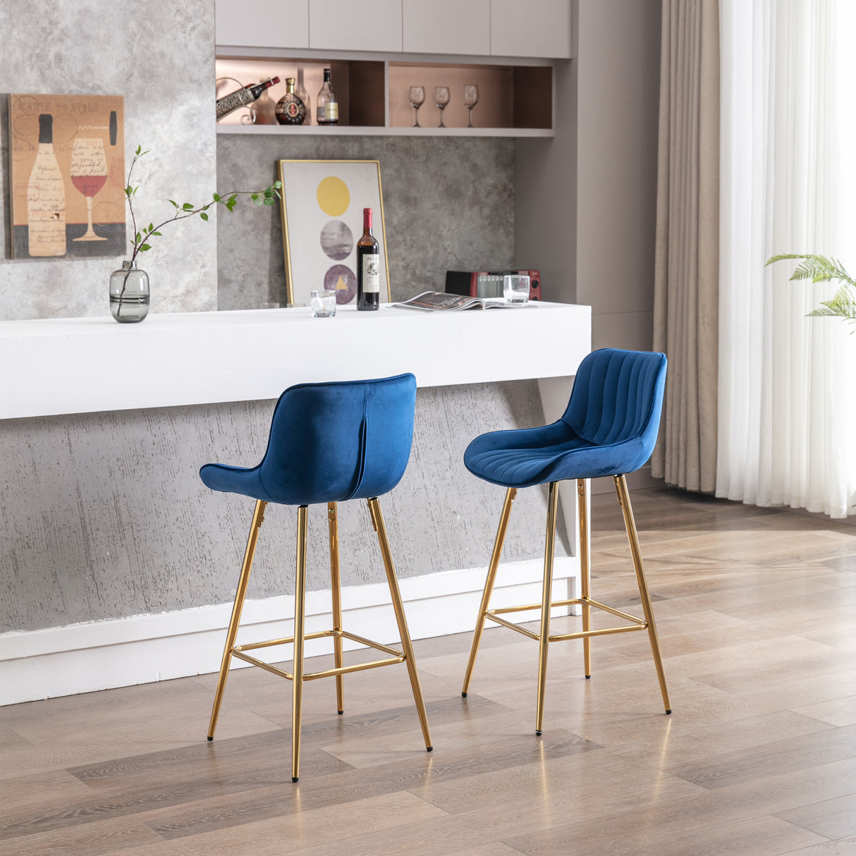 26 Inch Set of 2 Bar Stools with Steel Frame and Velvet Fabric