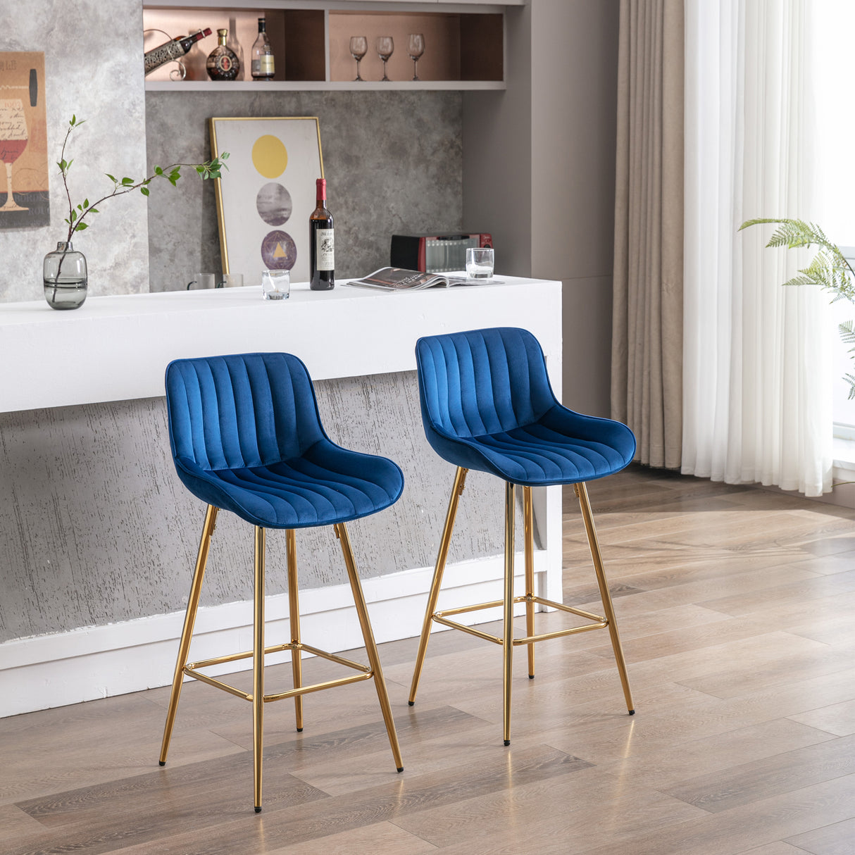 26 Inch Set of 2 Bar Stools with Steel Frame and Velvet Fabric