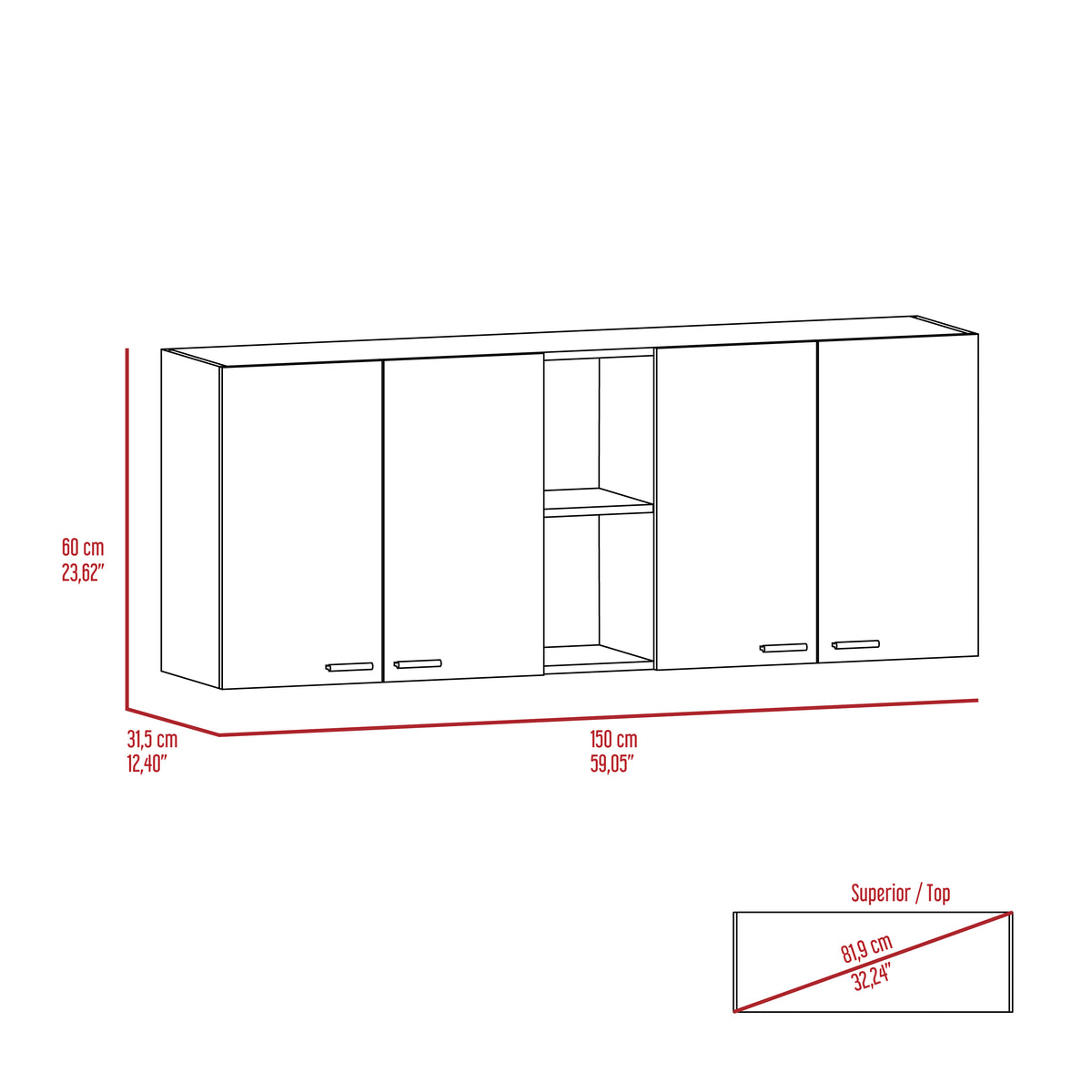 59-Inch Four Swing Doors Wall Cabinet with Glass Panels – Wenge