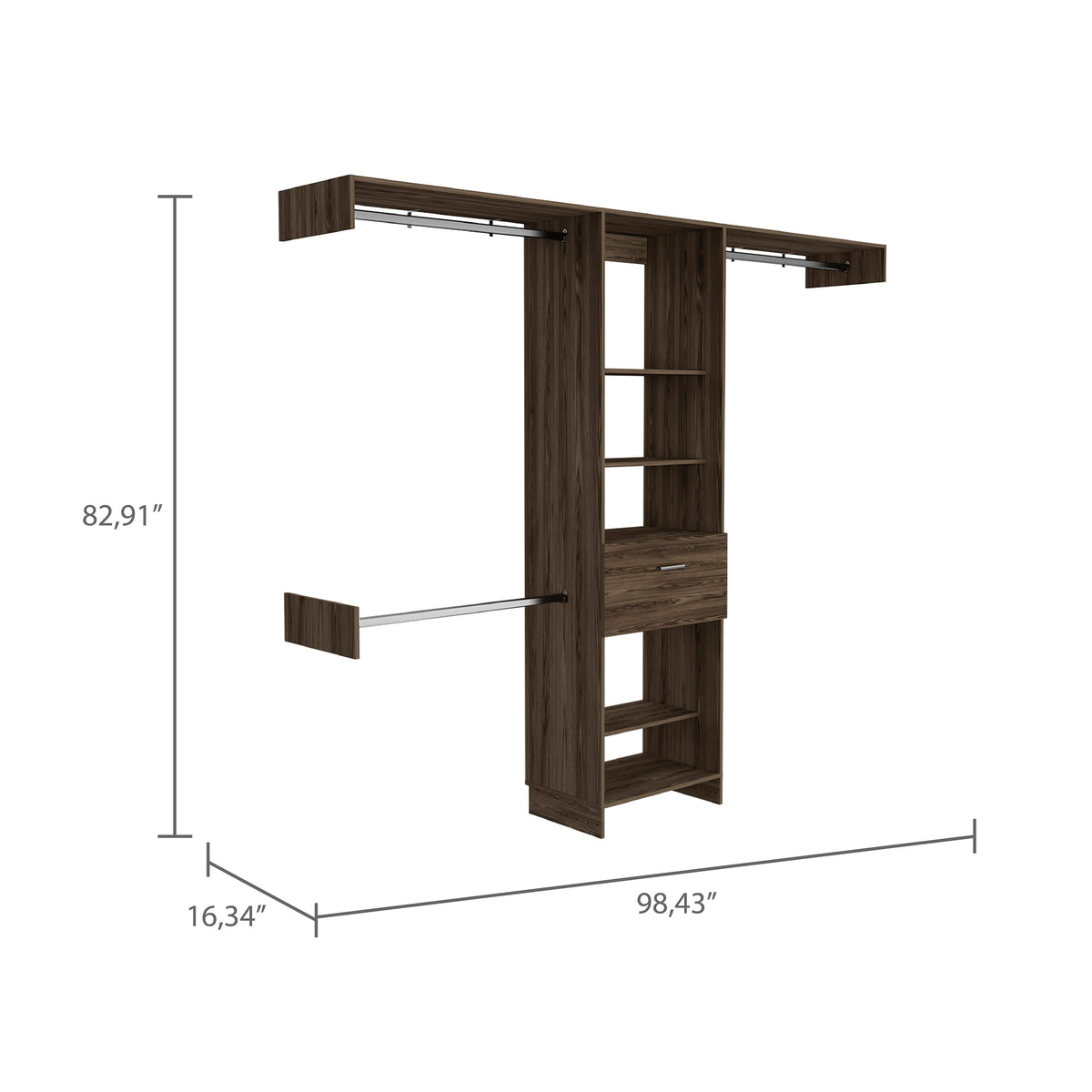 Calveston 1-Drawer 4-Shelf Closet System with Metal Rods - Dark Walnut