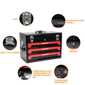 20'' Portable 3-Drawer Steel Toolbox with Tool Set