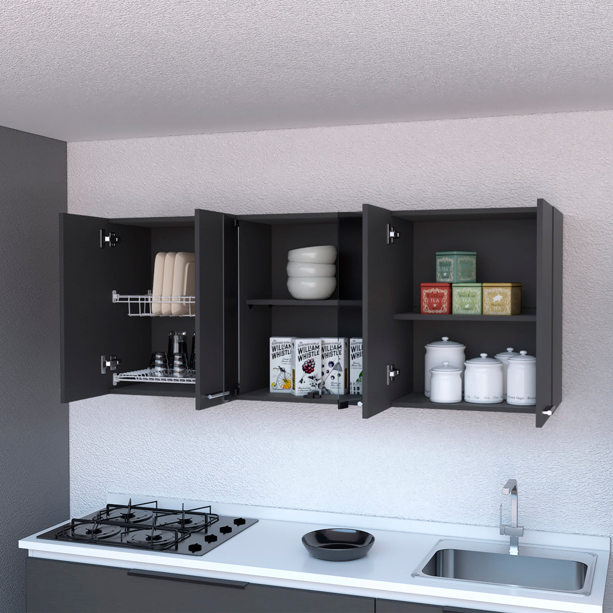 59-Inch Wall Cabinet with Two Center Glass Doors - Wenge