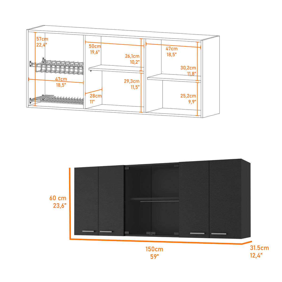 59-Inch Wall Cabinet with Two Center Glass Doors - Wenge
