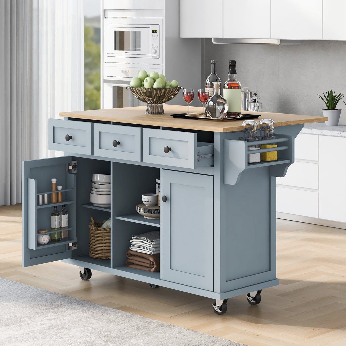 Kitchen Cart with Rubberwood Drop-Leaf Countertop