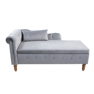Grey Velvet Chaise Lounge Indoor with Storage & Pillow