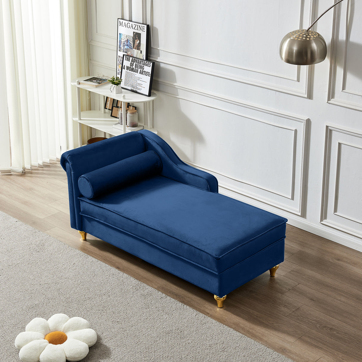 Modern Upholstery Chaise Lounge Chair with Storage Velvet - Navy Blue