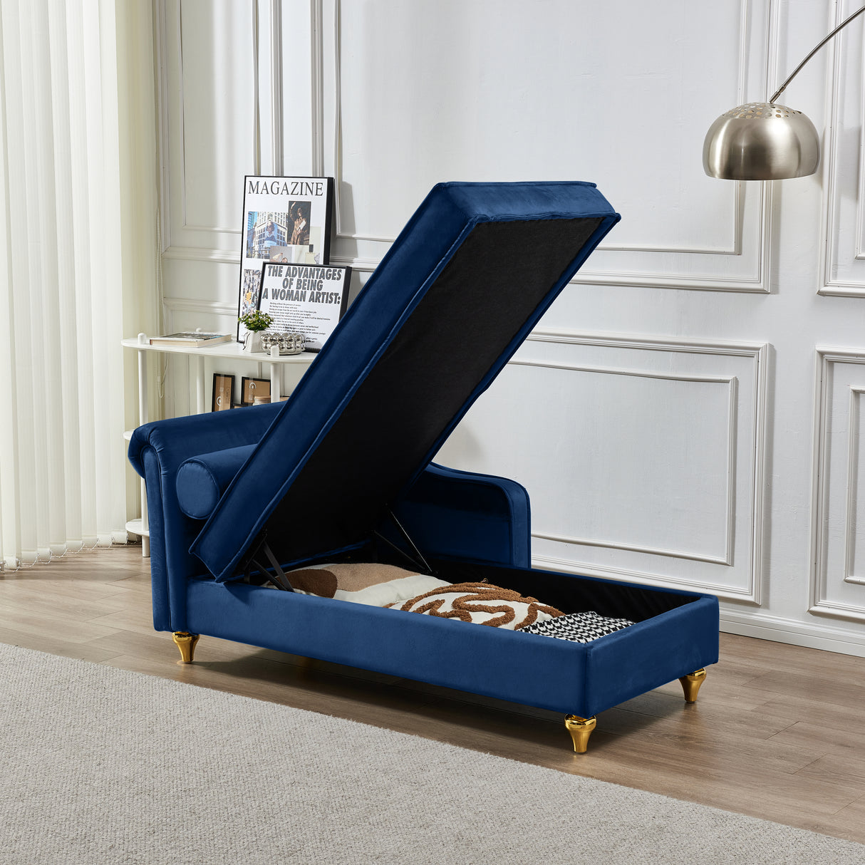 Modern Upholstery Chaise Lounge Chair with Storage Velvet - Navy Blue