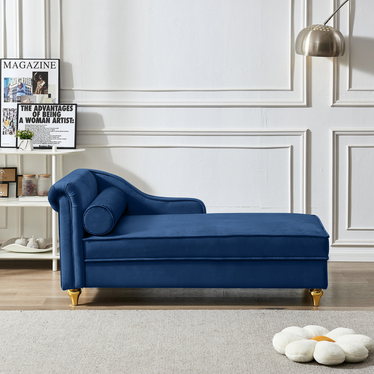 Modern Upholstery Chaise Lounge Chair with Storage Velvet - Navy Blue