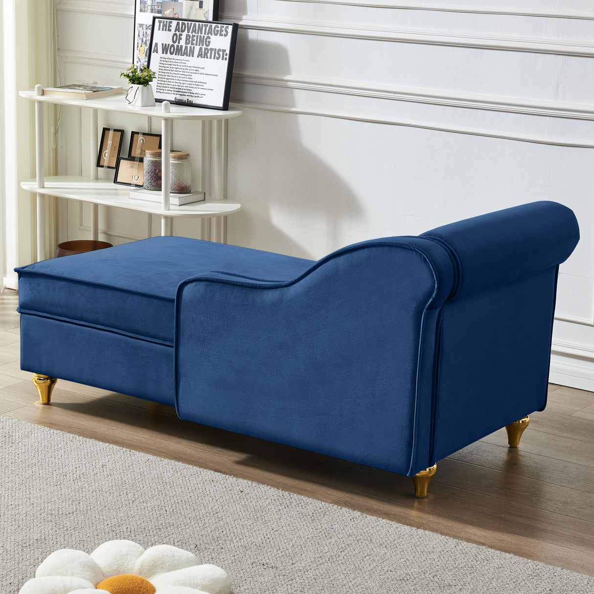 Modern Upholstery Chaise Lounge Chair with Storage Velvet - Navy Blue