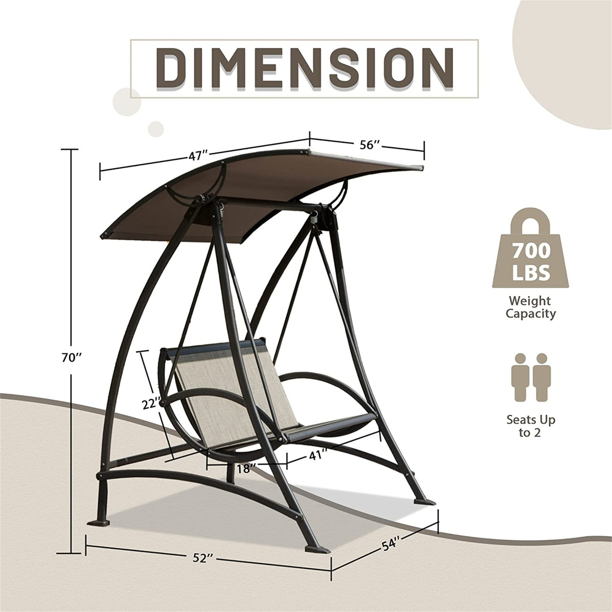 2-Seat Patio Swing Chair with Adjustable Canopy and Steel Frame