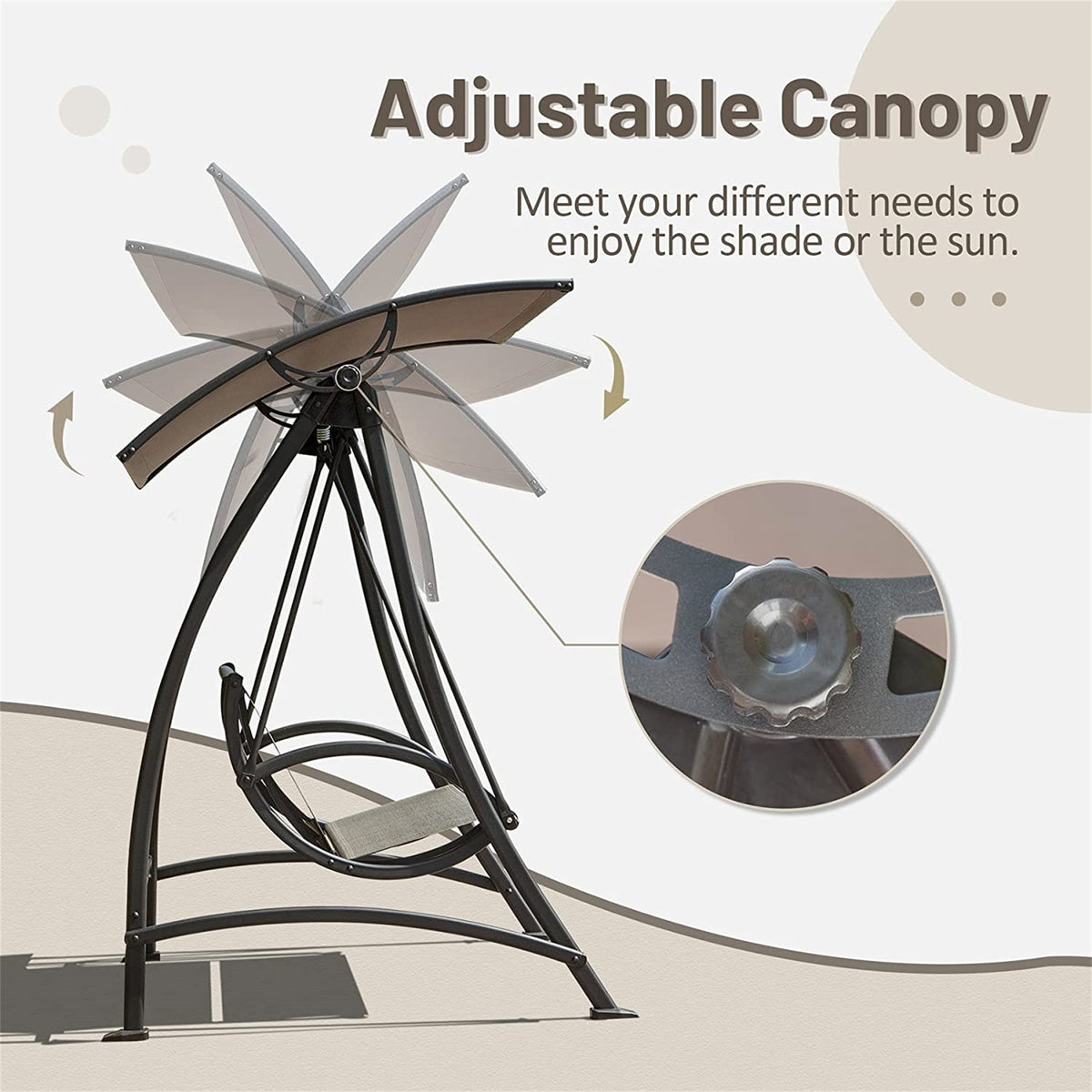 2-Seat Patio Swing Chair with Adjustable Canopy and Steel Frame