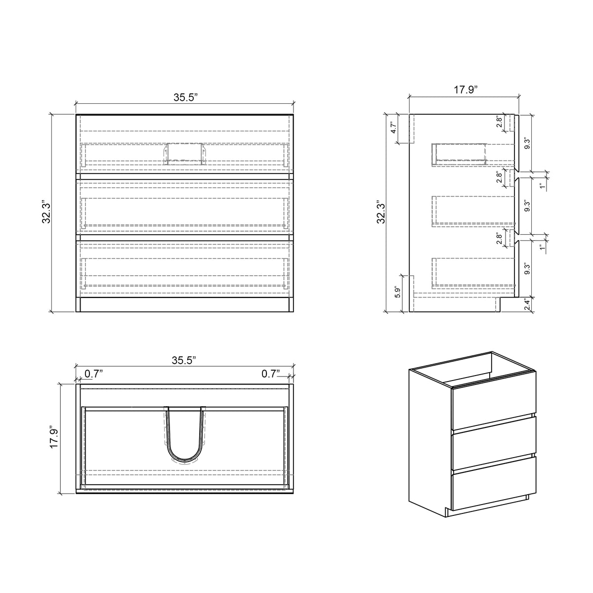 Alice Floor Vanity Cabinet, 36 Inches, Gray, Three Drawers, No Basin