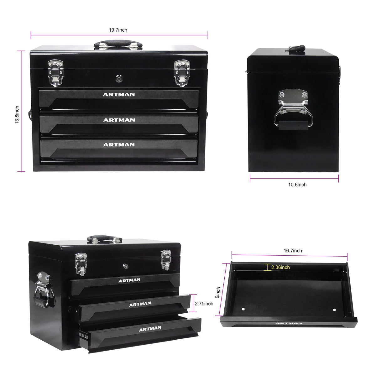 20'' Portable 3-Drawer Steel Toolbox