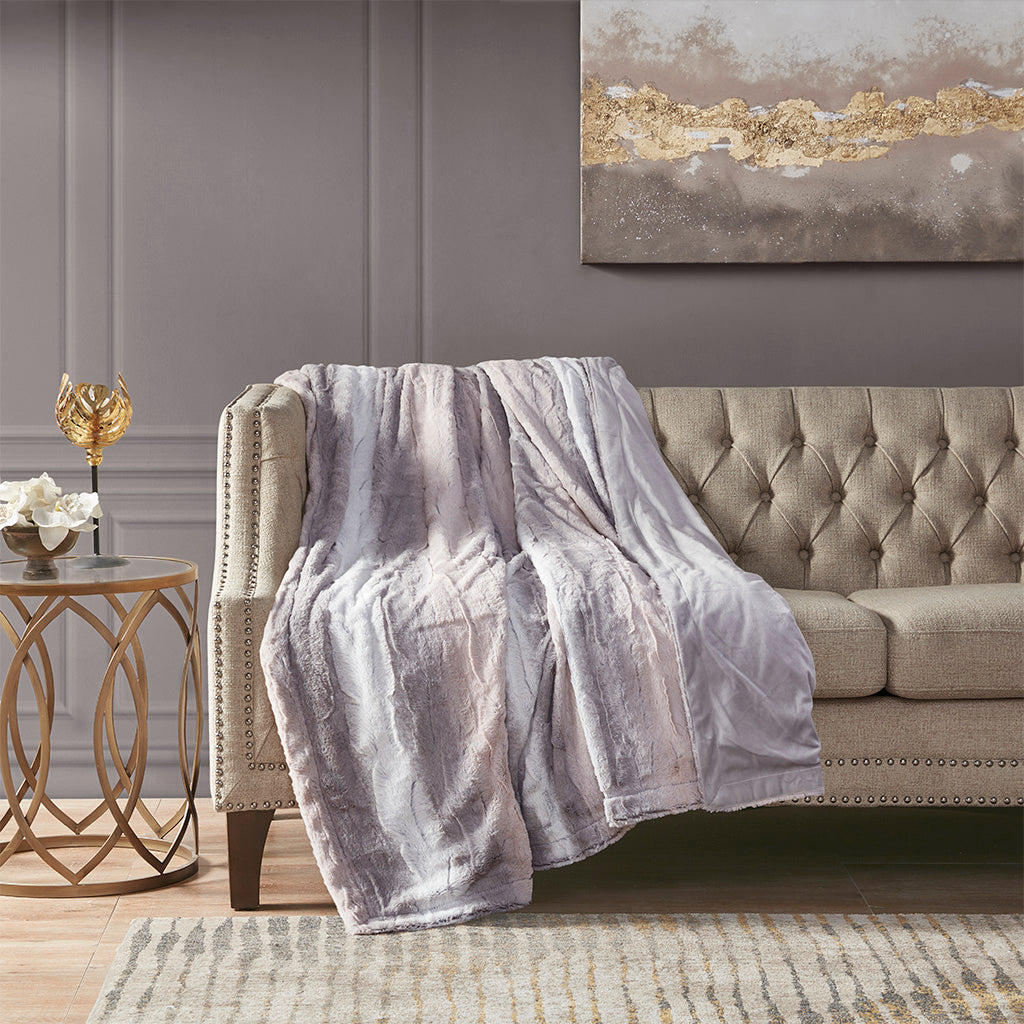 Oversized Faux Fur Throw Blanket with Reversible Faux Mink - Ash