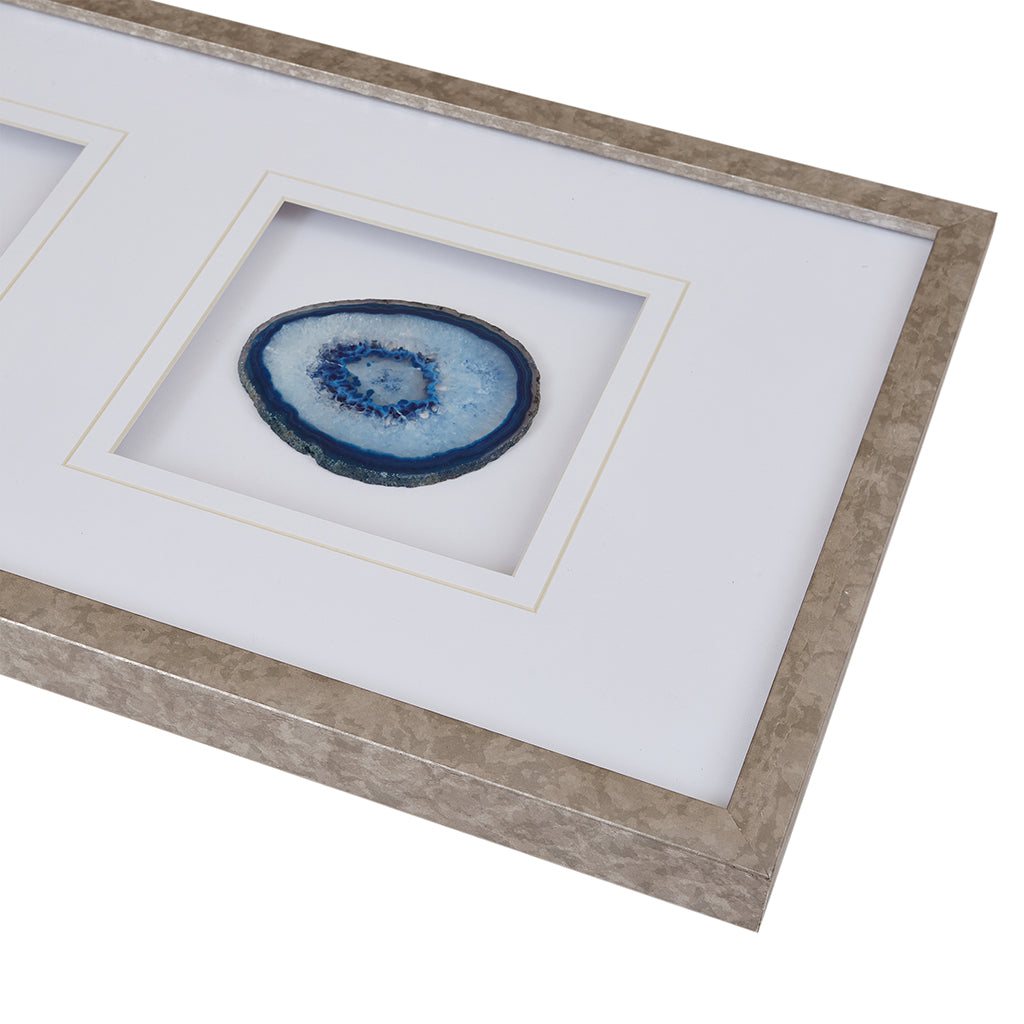 Real Stone Framed Glass and Double Matted Wall Art with Blue Agate - 34" x 13"