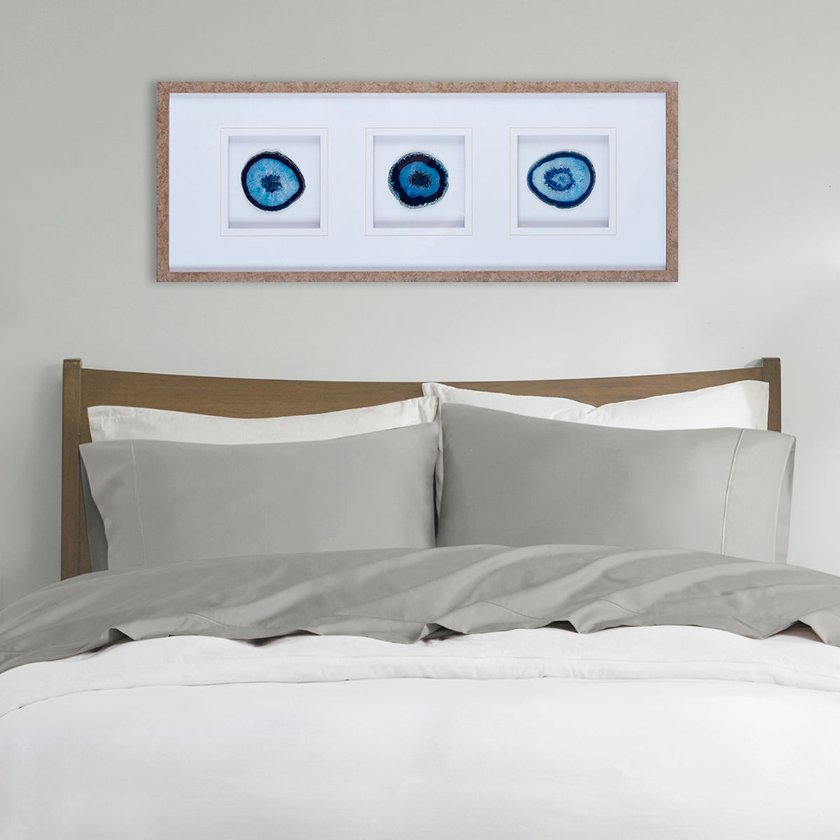 Real Stone Framed Glass and Double Matted Wall Art with Blue Agate - 34" x 13"