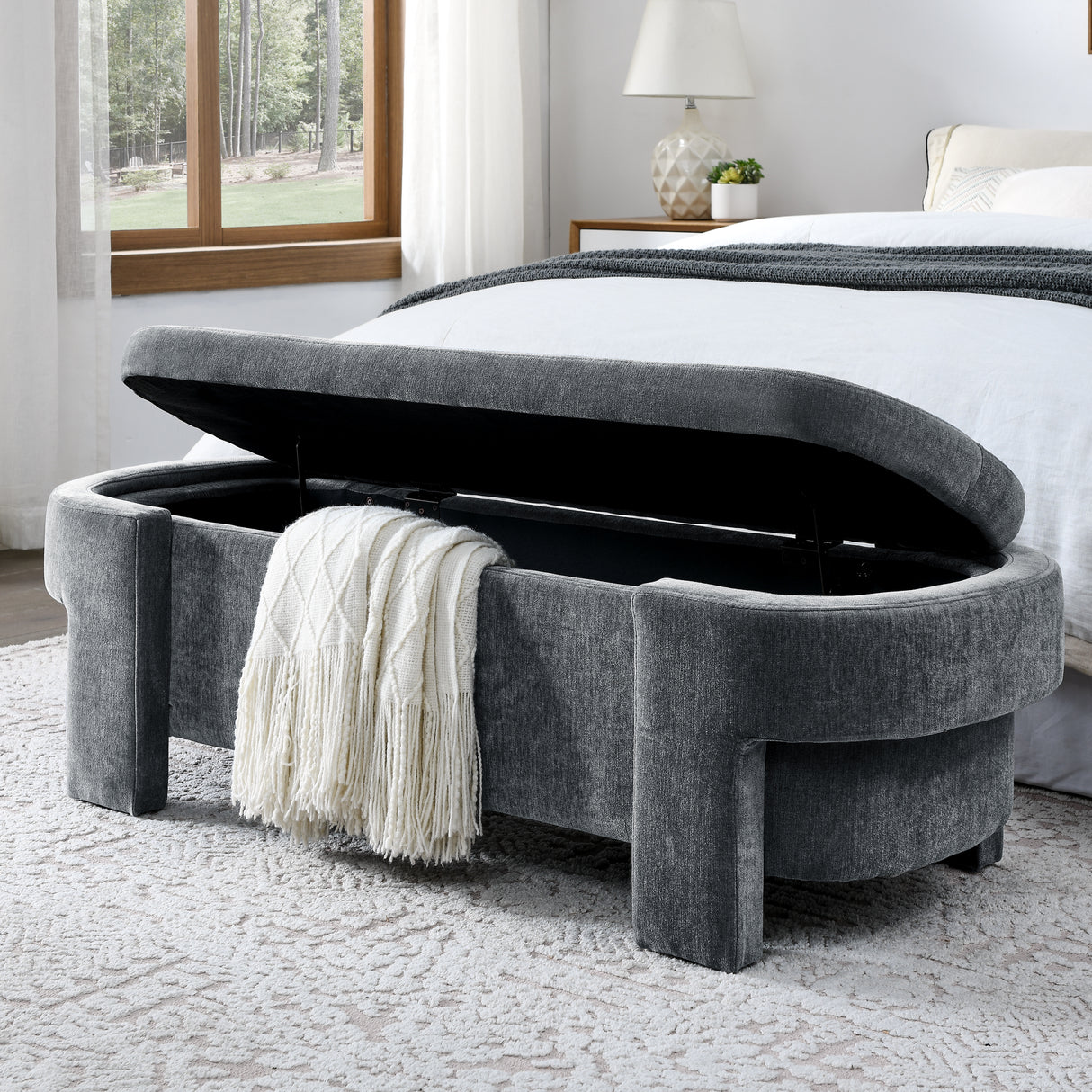 Chenille Upholstered Bench with Large Storage Space
