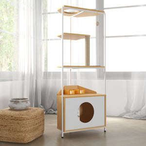 Corner Cat Tower with Scratching Post and Feeding Station