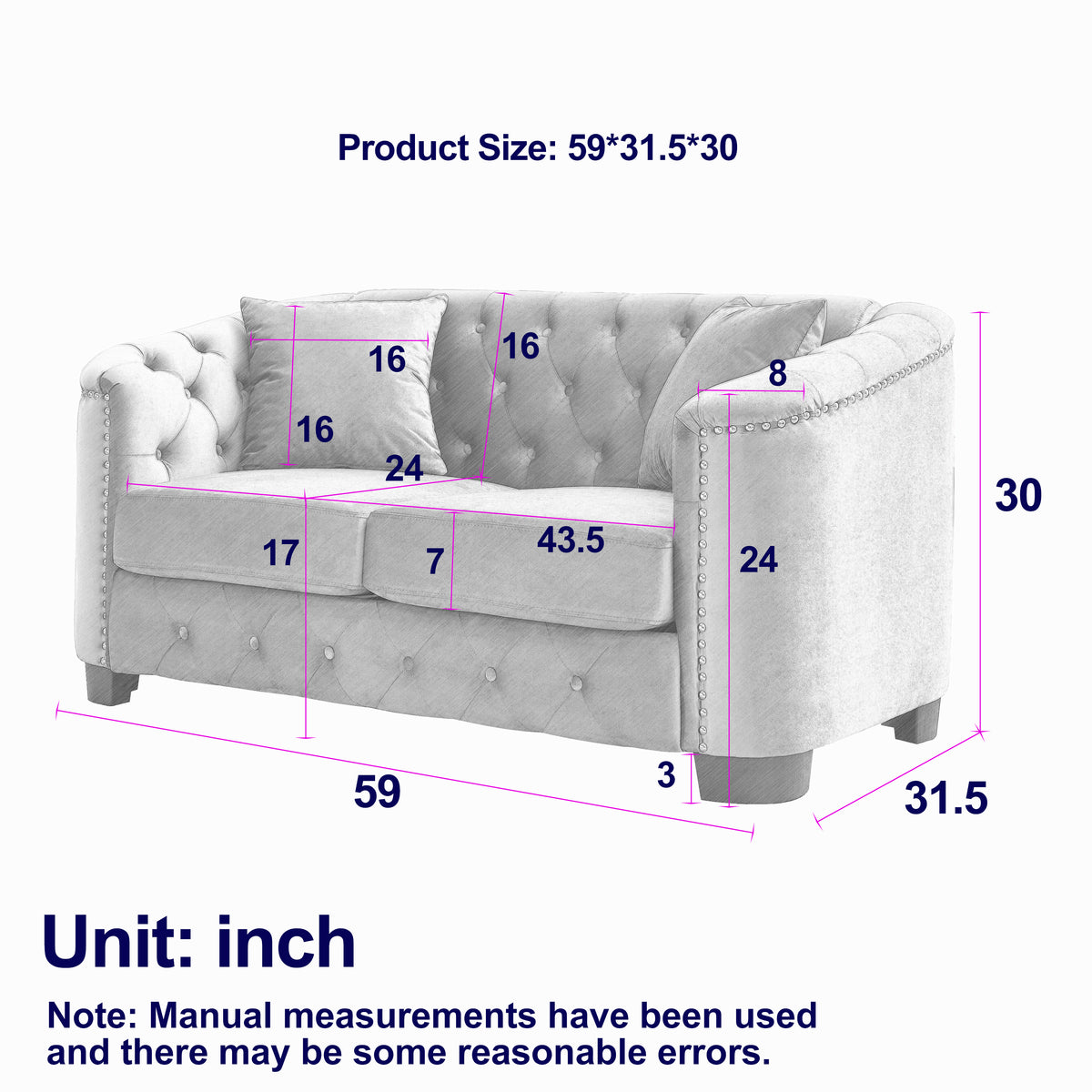 59-Inch Modern Chesterfield Velvet Sofa