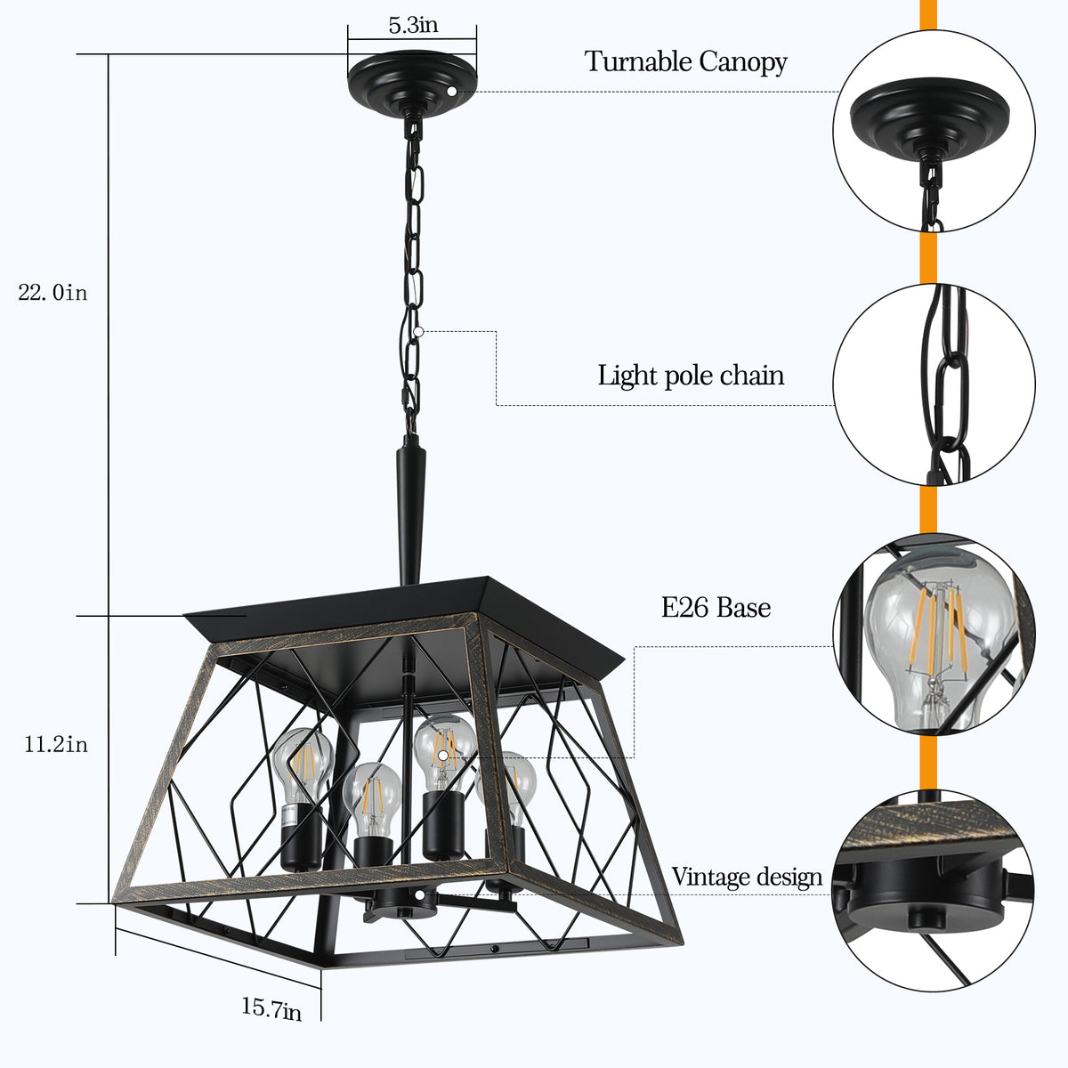 16" Black Gold Industrial Pendant Chandelier