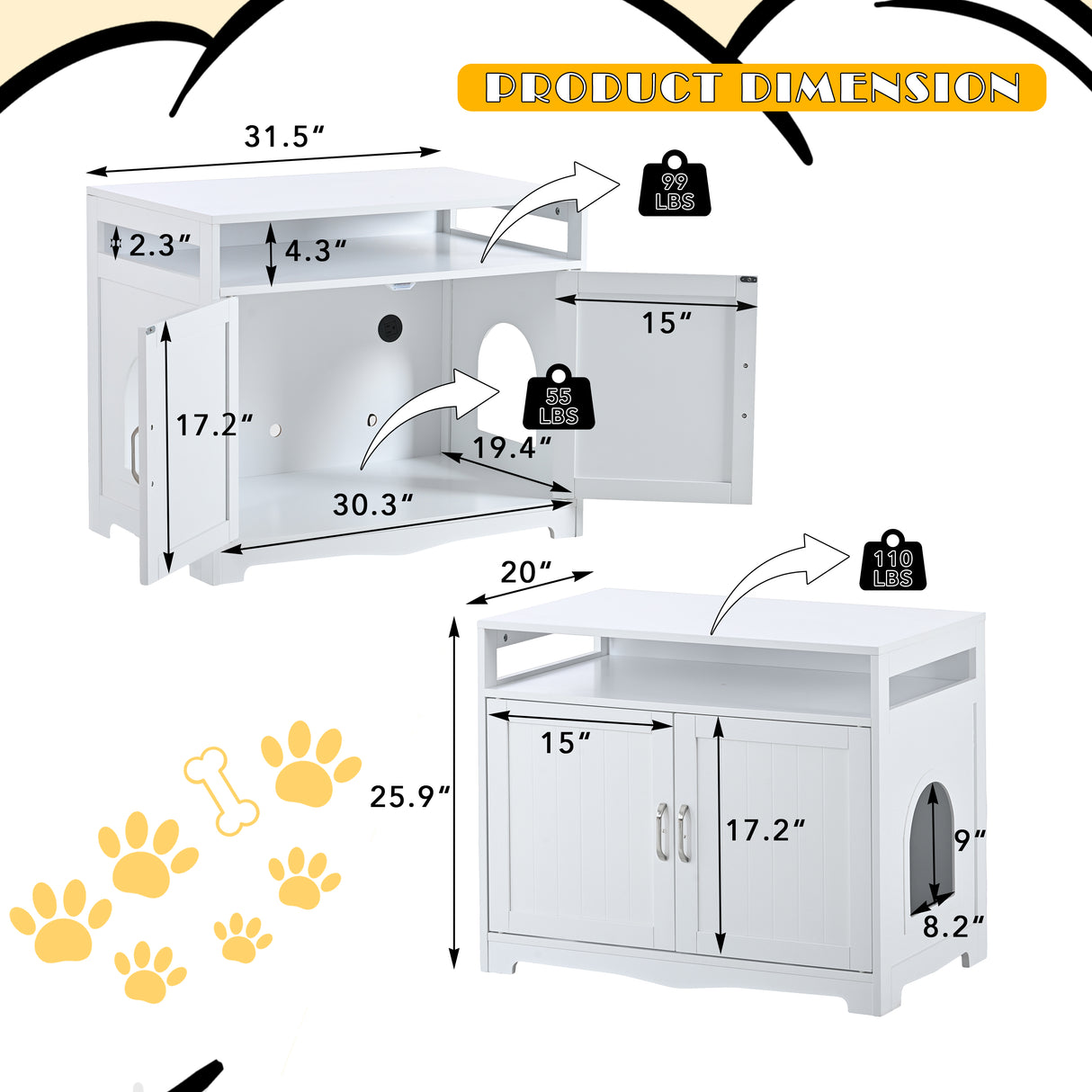 Litter Box Enclosure - Cat Litter Box Furniture with Hidden Plug
