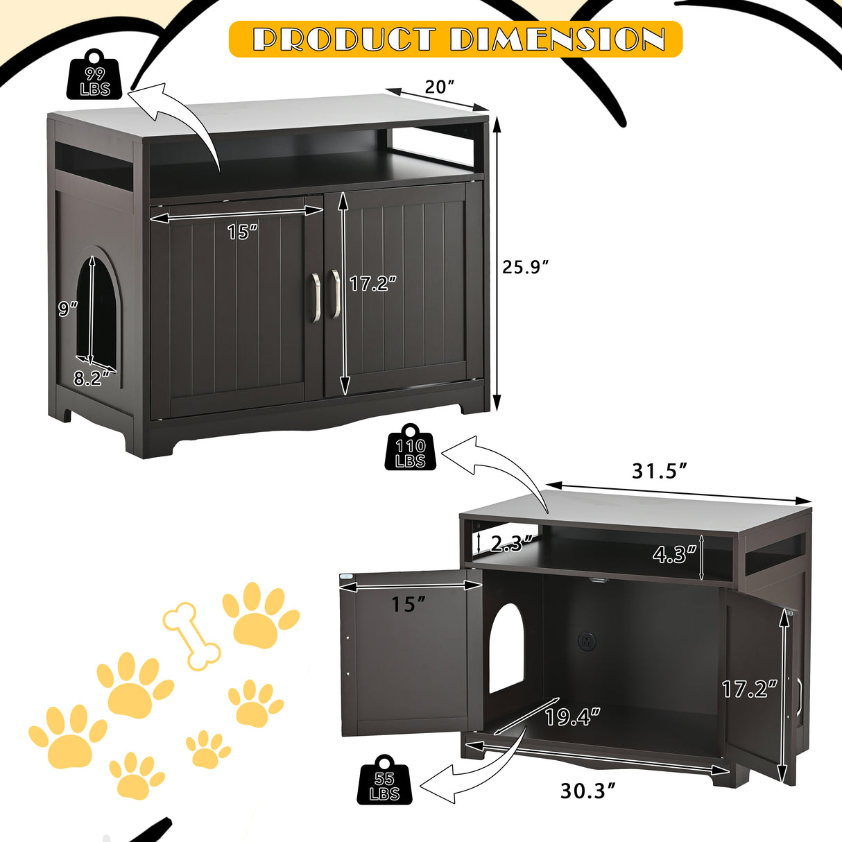 Litter Box Enclosure - Cat Litter Box Furniture with Hidden Plug