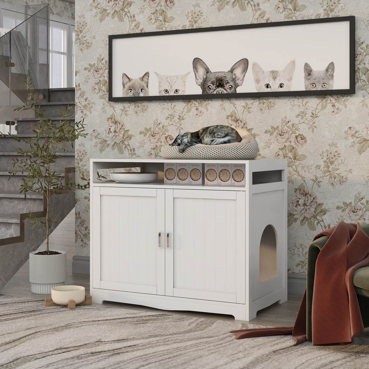 Litter Box Enclosure - Cat Litter Box Furniture with Hidden Plug