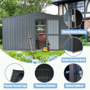 Backyard Storage Shed 11' x 12.5', Galvanized Steel Frame with Windows, Dark Gray