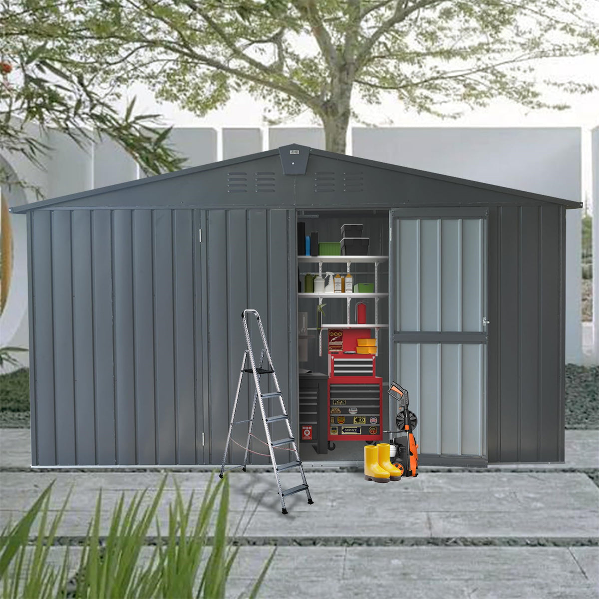 Backyard Storage Shed 11' x 12.5', Galvanized Steel Frame with Windows, Dark Gray