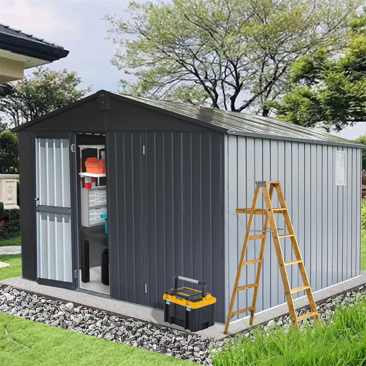 Backyard Storage Shed 11' x 12.5', Galvanized Steel Frame with Windows, Dark Gray