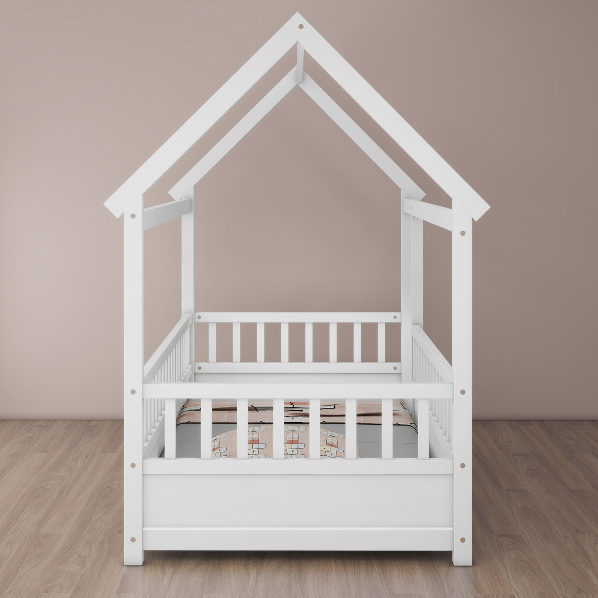 Twin Size Floor Wooden Bed with House Roof Frame