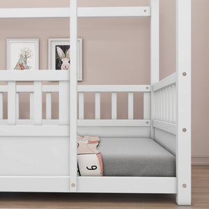 Twin Size Floor Wooden Bed with House Roof Frame