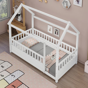 Twin Size Floor Wooden Bed with House Roof Frame