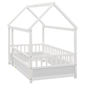 Twin Size Floor Wooden Bed with House Roof Frame