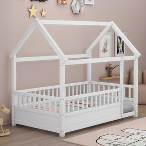 Twin Size Floor Wooden Bed with House Roof Frame