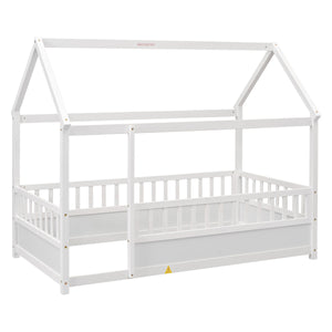 Twin Size Floor Wooden Bed with House Roof Frame