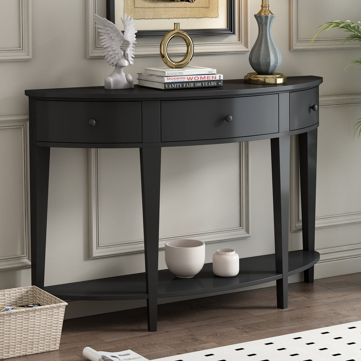 U-Style Modern Curved Console Table with 3 Drawers