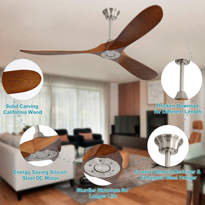 60 Inch Indoor Modern Ceiling Fan With 3 Solid Wood Blades