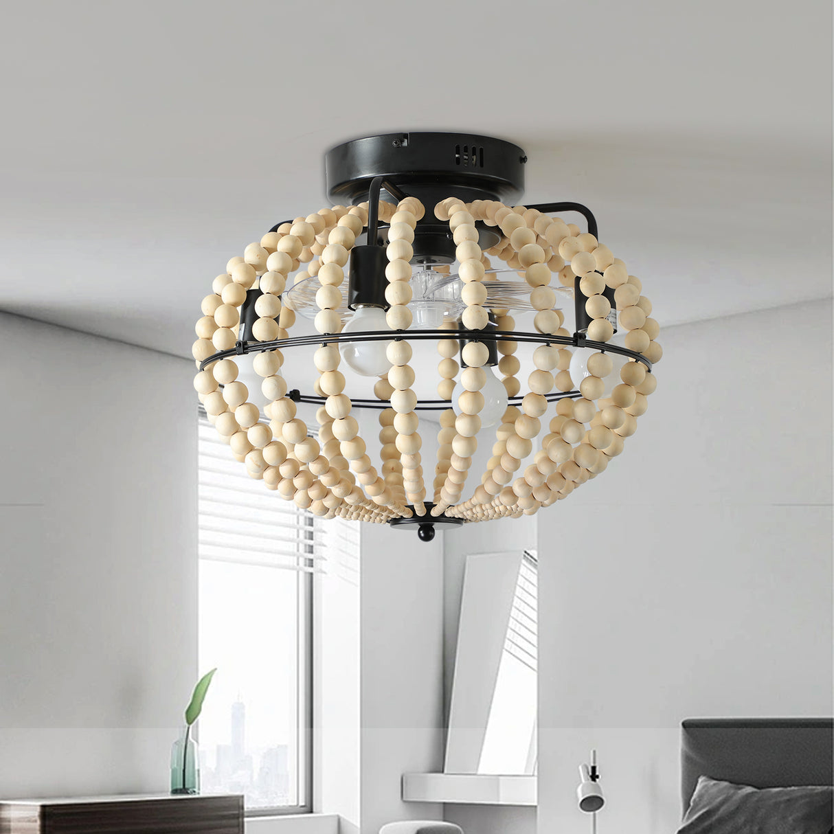 18" Bohemian Wood Beaded Ceiling Fan with Light