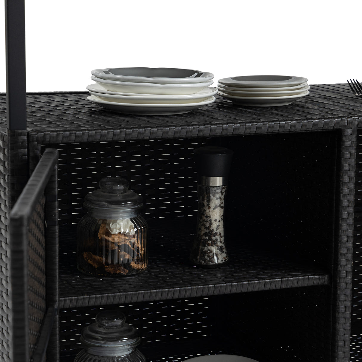 Outdoor Wicker Bar Cart with Glass Top and Wheels
