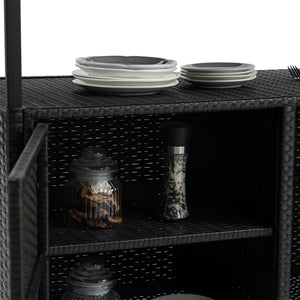 Outdoor Wicker Bar Cart with Glass Top and Wheels