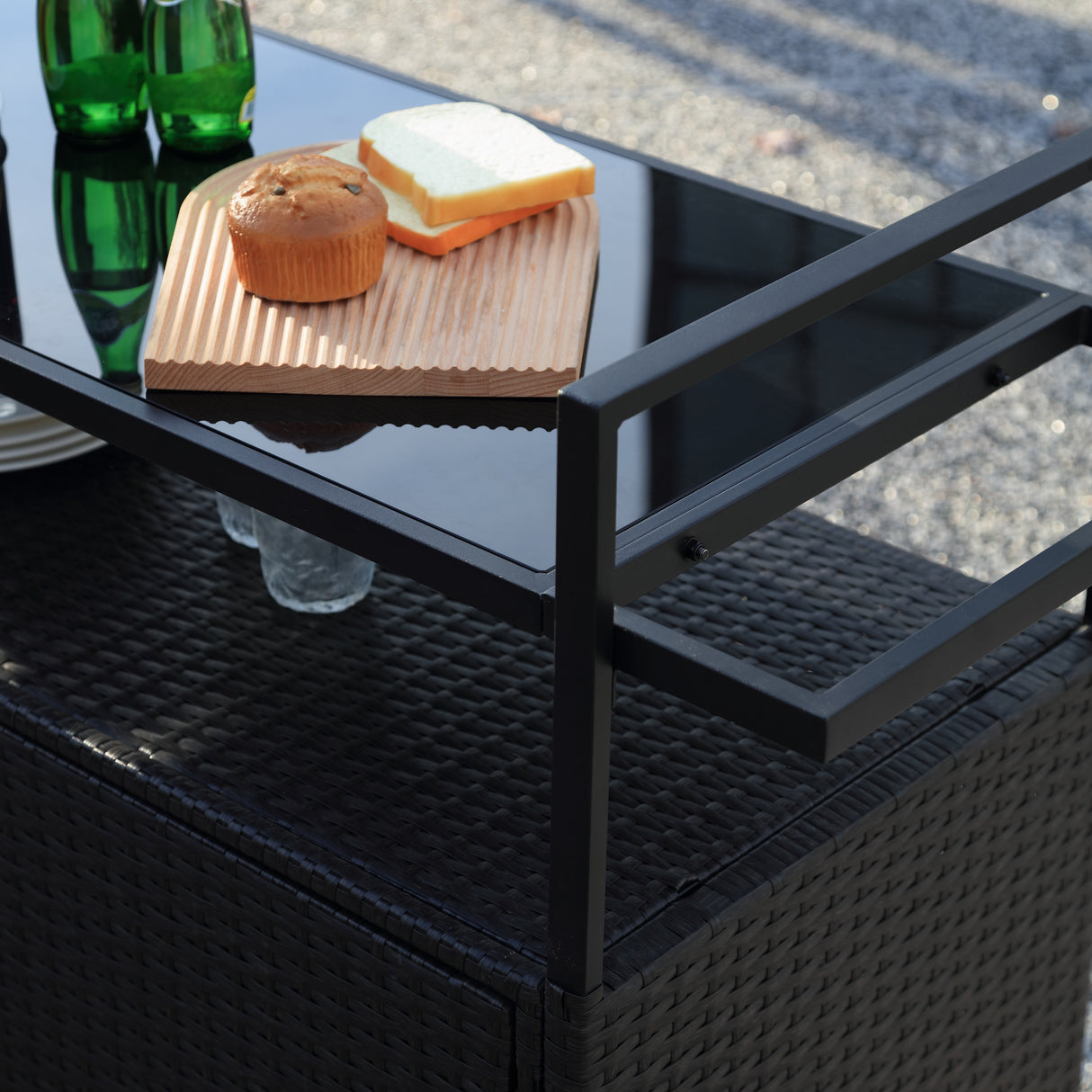 Outdoor Wicker Bar Cart with Glass Top and Wheels