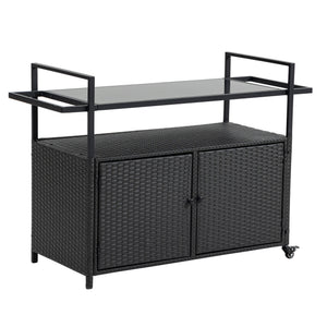 Outdoor Wicker Bar Cart with Glass Top and Wheels