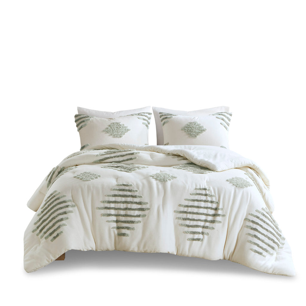 Full/Queen Cotton Blend Chenille Comforter Set with Tufted Design - White