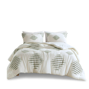 Full/Queen Cotton Blend Chenille Comforter Set with Tufted Design - White